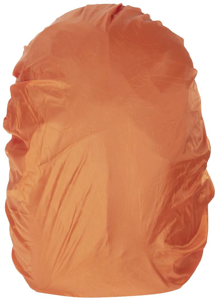 Ein orangefarbener wasserdichter Rucksacküberzug schützt den Inhalt vor Regen und hält ihn trocken.