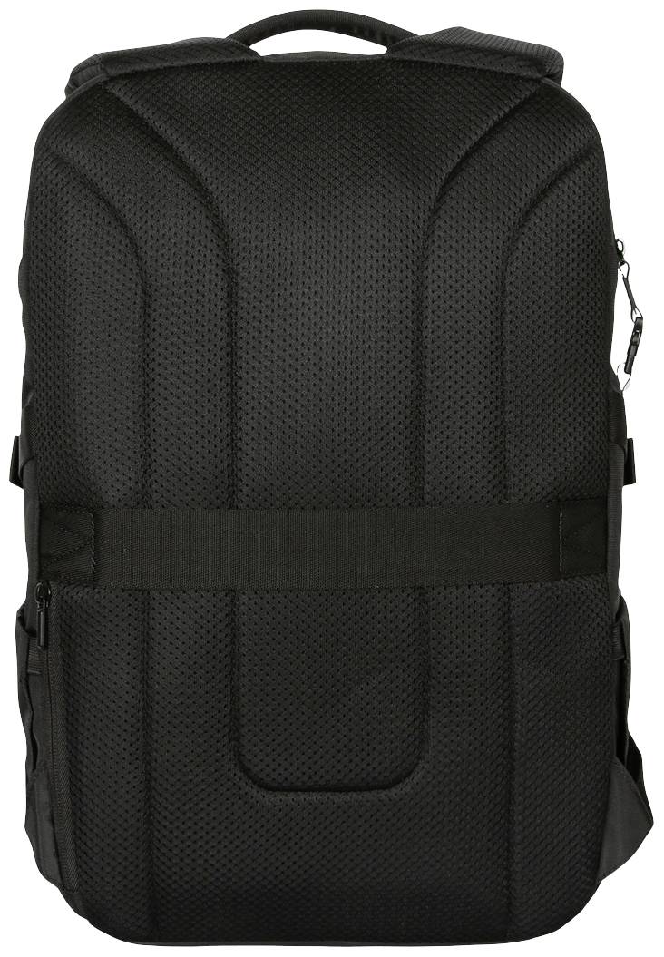 Ein stilvoller schwarzer Rucksack mit gepolstertem Rücken und Tragegriff, geeignet für Reisen oder den täglichen Gebrauch.
