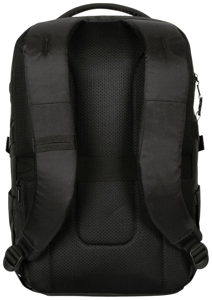 Schwarzer Rucksack mit gepolsterten Schultergurten und Rückenteil, Reißverschlusstaschen an den Seiten und einem Tragegriff oben.