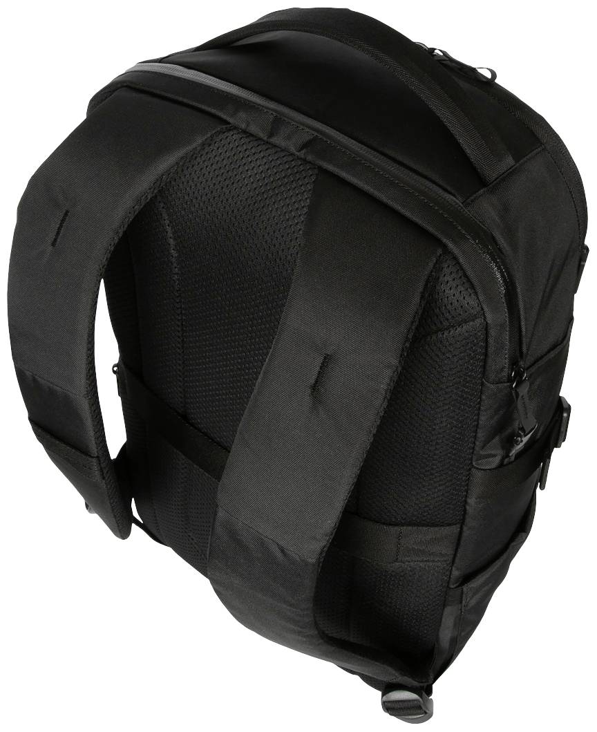 Schwarzer Rucksack von hinten mit gepolsterten Schultergurten und atmungsaktivem Rückenteil.