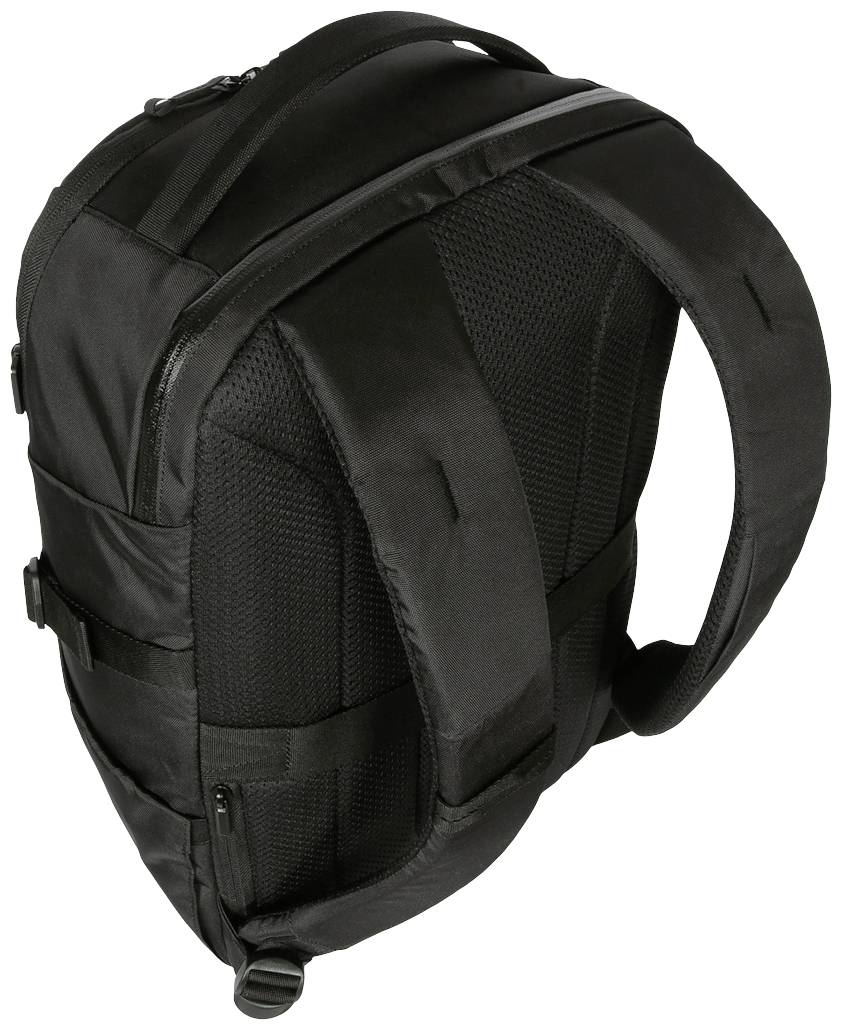 Schwarzer Rucksack mit gepolsterten Trägern und Rückenteil, Seitenriemen und Reißverschlusstasche unten links.