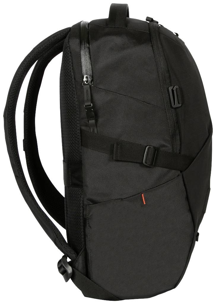 Schwarzer Rucksack mit zwei verstellbaren Gurten, seitlichen Reißverschlüssen und einer kleinen orangefarbenen Markierung an der Seite.