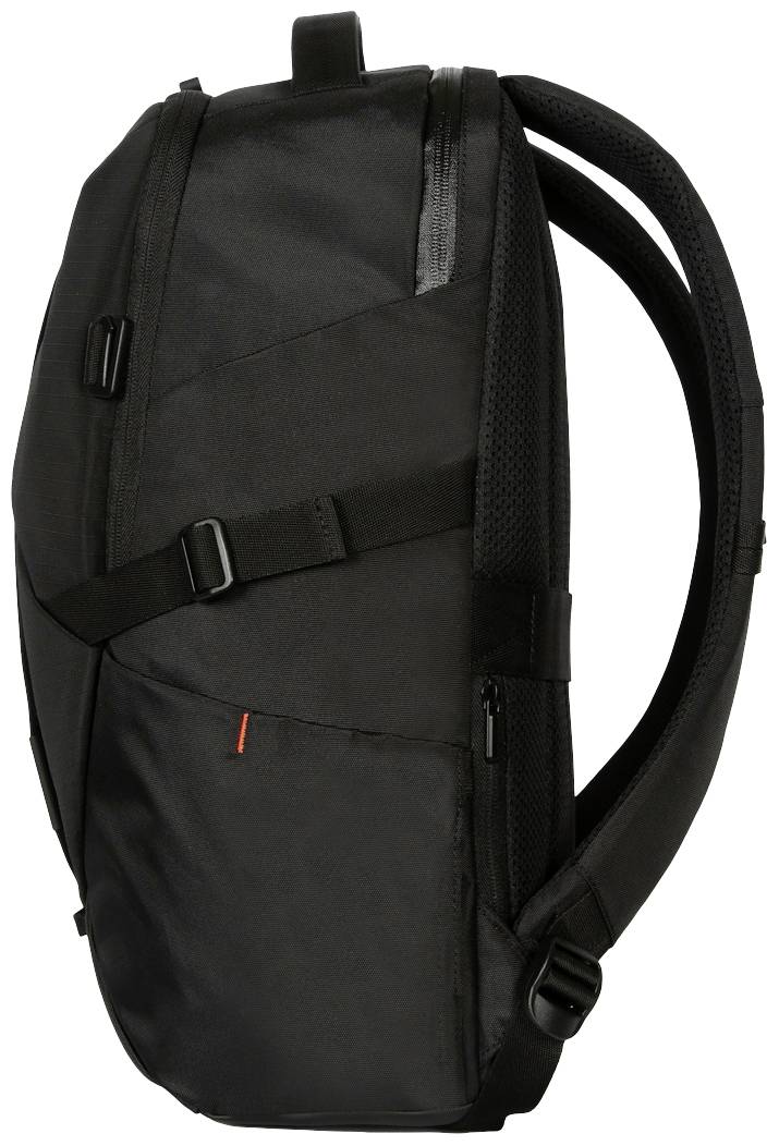 Schwarzer Rucksack mit schlichtem Design, mehreren Fächern, zwei Schultergurten und einem kleinen roten Akzent auf der Vorderseite.