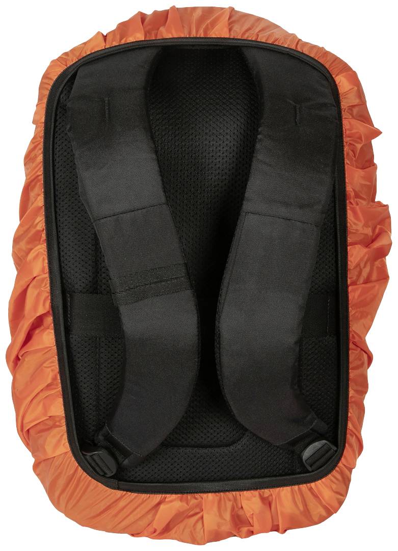 Ein Rucksack mit einer orangefarbenen Regenhülle, die zwei schwarze Schultergurte sichtbar lässt. Geeignet für Outdoor-Aktivitäten.
