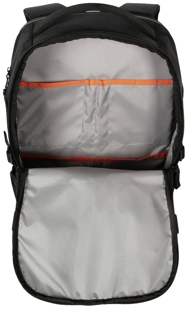 Ein geöffneter, schwarzer Rucksack zeigt ein großes Hauptfach mit grauem Innenfutter und einer orangen Trennlinie in der Mitte.