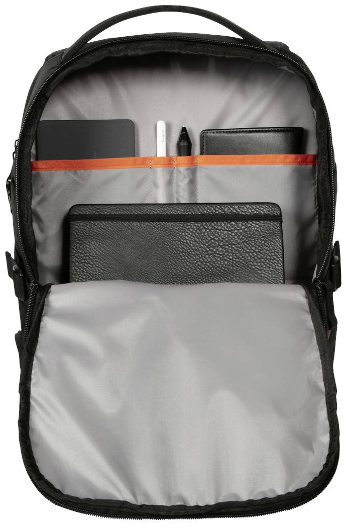 Ein geöffneter Rucksack mit grauem Innenfutter zeigt zwei Fächer. Im oberen Fach liegen ein Notizblock und Stifte, im unteren Fach ein Tablet.