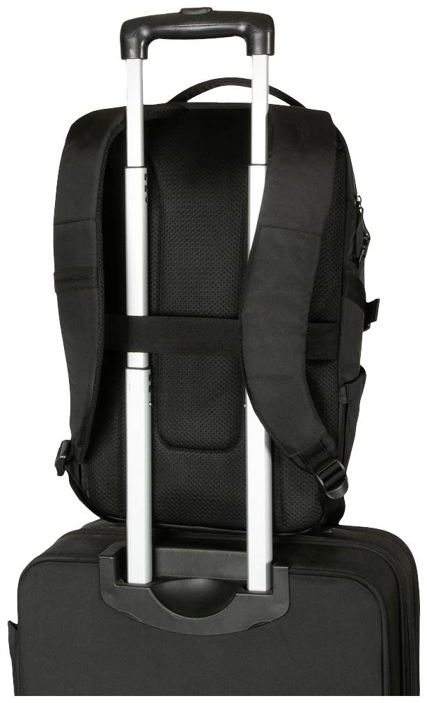 Ein schwarzer Rucksack ist auf einem ausziehbaren Griff eines Rollkoffers befestigt, bereit für Reisen.