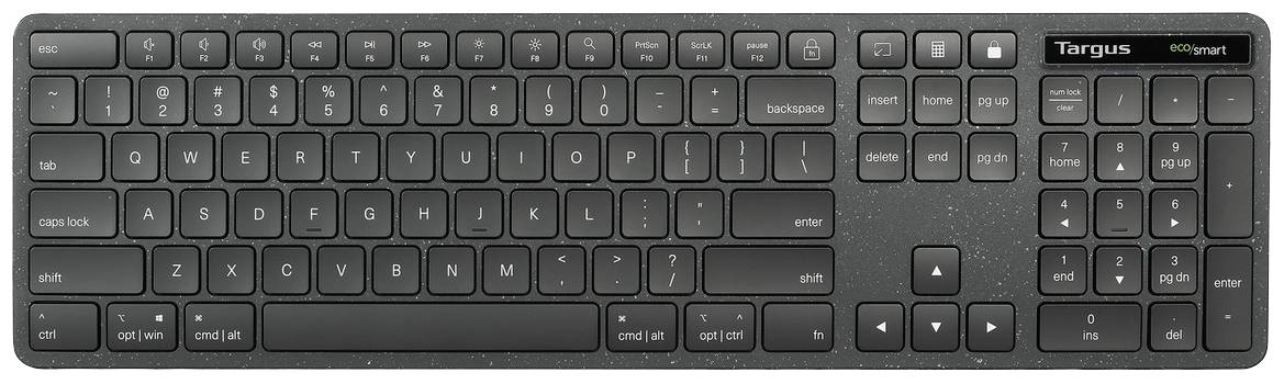 Kabellose QWERTZ-Tastatur mit vertikaler Enter-Taste und Ziffernblock. Markentaste rechts oben. Layout mit deutschen Umlauten.