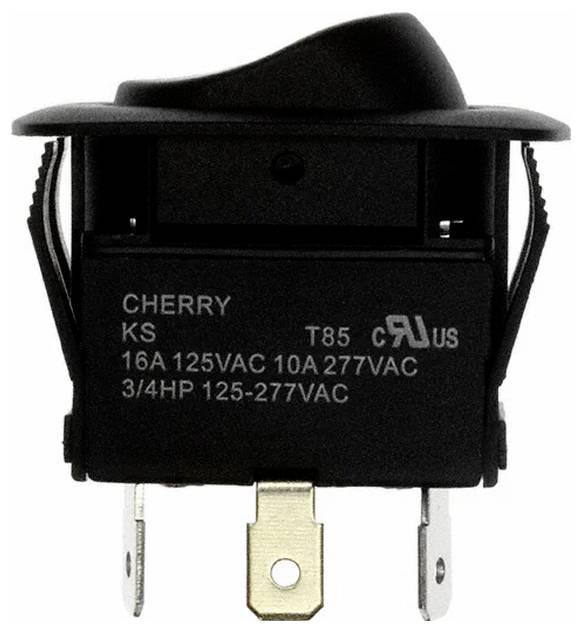 Ein schwarzer Kirsch-Wippschalter mit drei Metallstiften. Der Text gibt die elektrischen Spezifikationen an: „16A 125VAC