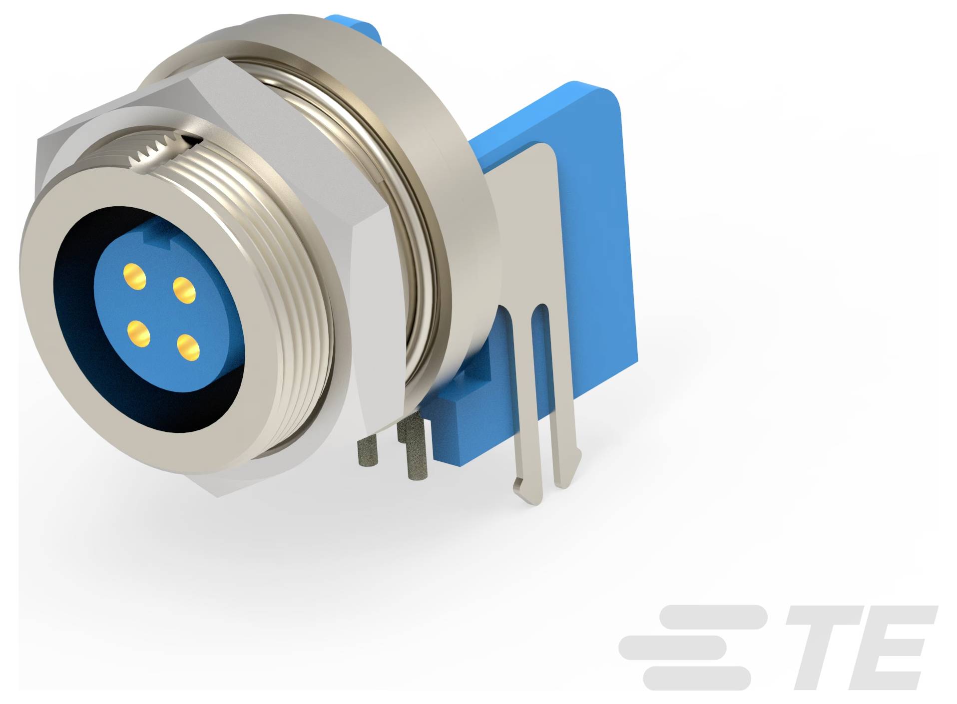Ein metallischer kreisförmiger Stecker mit blauer Rückseite und vier goldenen Kontaktstiften, der für elektrische Verbindungen verwendet wird, gezeigt mit einem TE-Logo.
