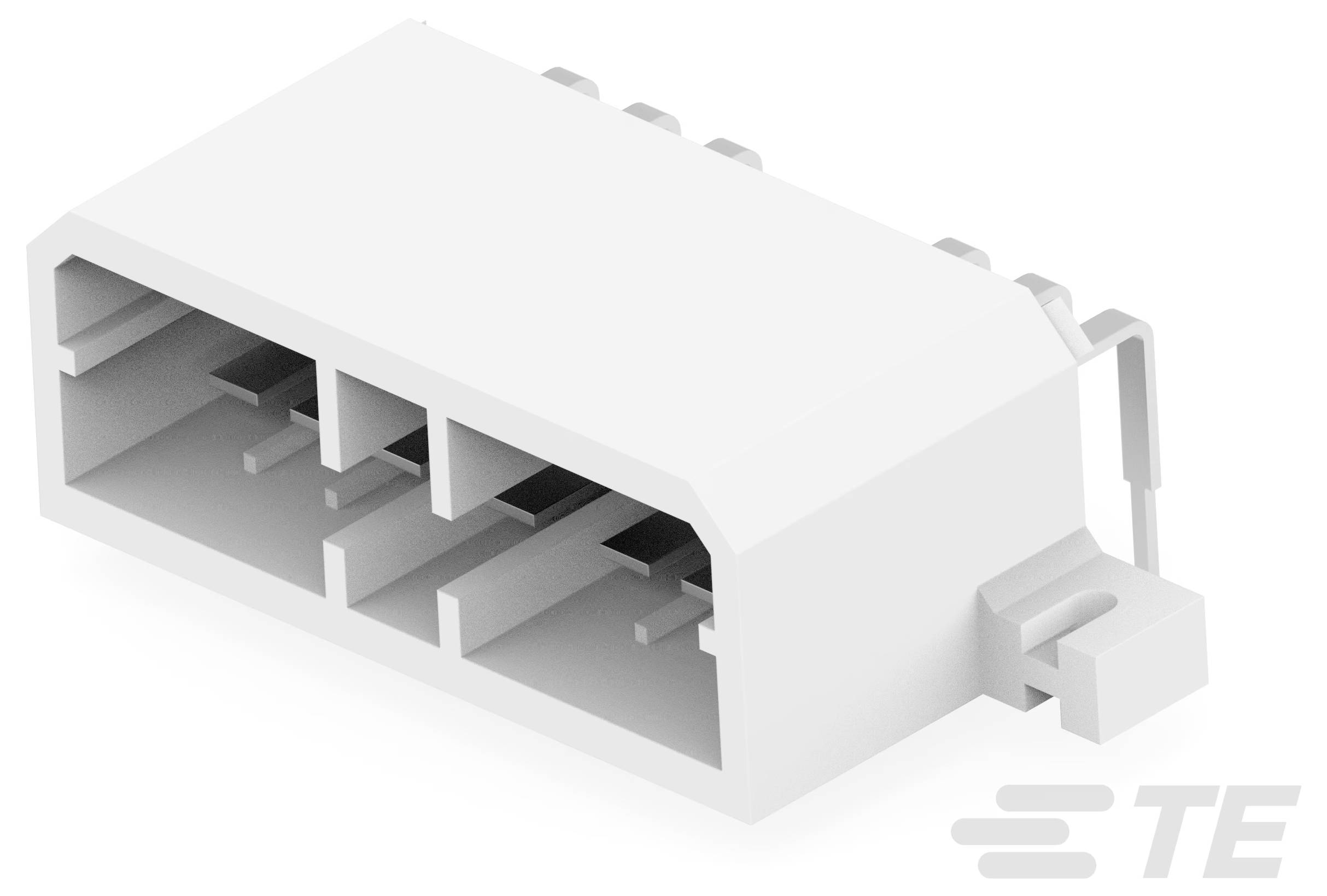 Ein weißes rechteckiges Gehäuse für elektrische Stecker mit mehreren Schlitzen, aus einer schrägen Perspektive betrachtet, mit TE-Logo in der Ecke gekennzeichnet.