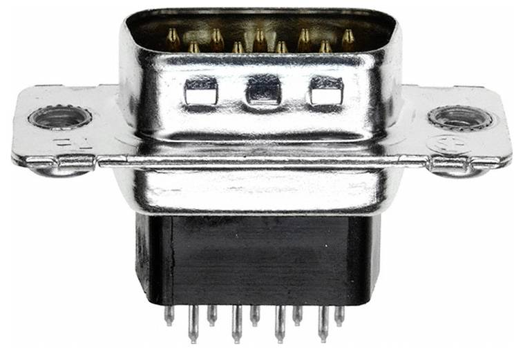 Ein silberner und schwarzer männlicher D-Sub-Stecker mit neun Stiften, verwendet zur Übertragung elektrischer Signale, von vorne betrachtet.