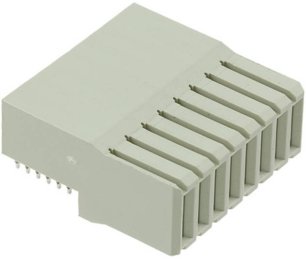 Ein beigefarbener, blockartiger elektronischer Stecker mit sichtbaren Kontaktstiften, wahrscheinlich zur Verbindung elektronischer Komponenten oder Leiterplatten verwendet.