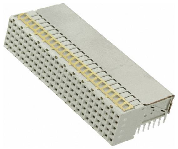 Schrägansicht eines rechteckigen elektronischen Steckers mit mehreren Reihen von Kontaktstiften.