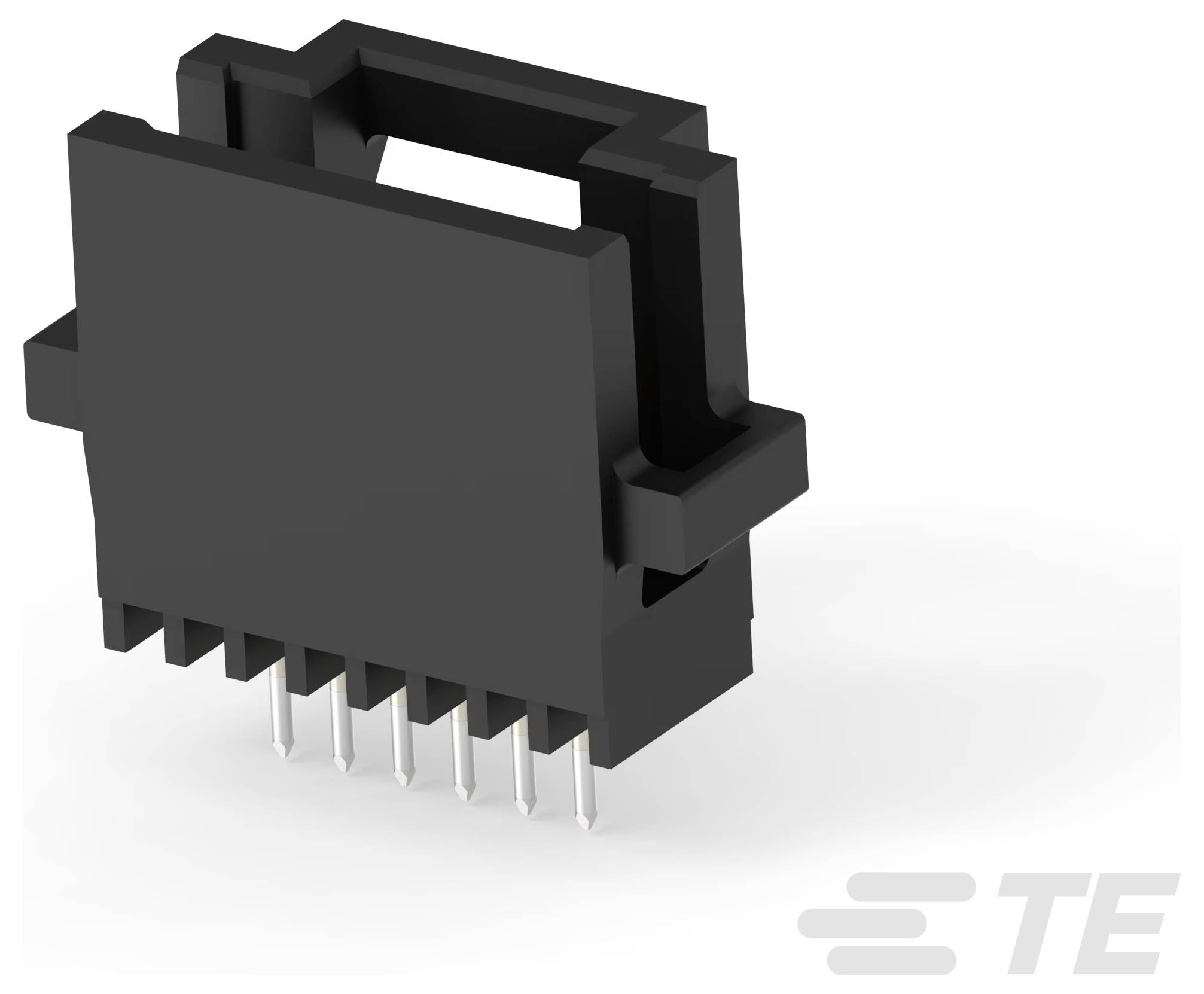 Ein schwarzer Elektrostecker mit mehreren Metallkontakten, mit rechteckiger Form und TE-Logo in der Ecke, entworfen für elektronische Geräte.