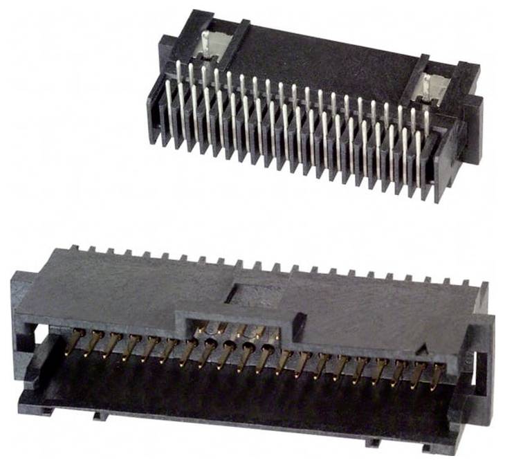 „Zwei schwarze, rechteckige elektronische Steckverbinder mit mehreren Stiften, zeigen männliche und weibliche Teile, die für die Integration in Leiterplatten ausgelegt sind.