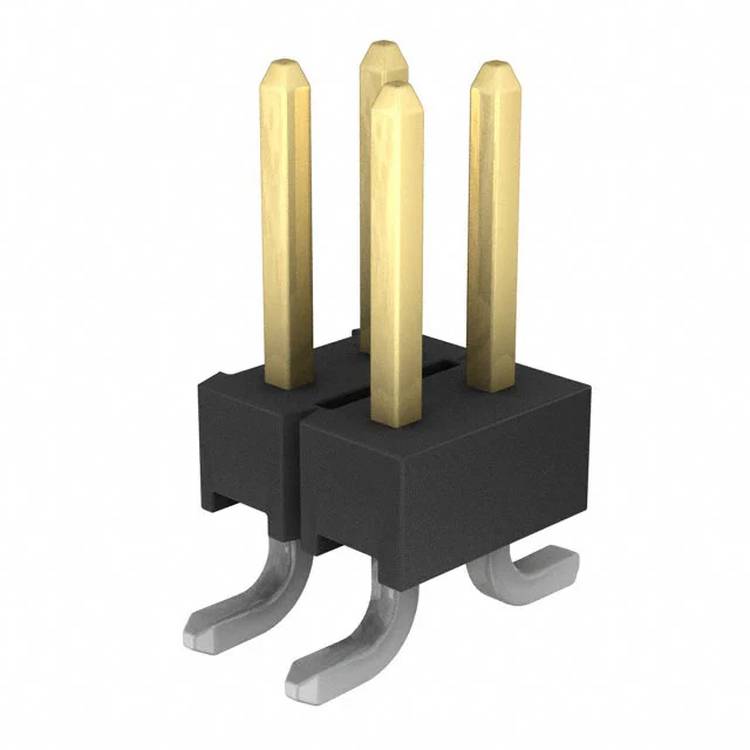 Ein dreipoliger elektronischer Stecker mit vergoldeten Kontakten und schwarzem Sockel, der in Leiterplatten für elektrische Verbindungen verwendet wird.