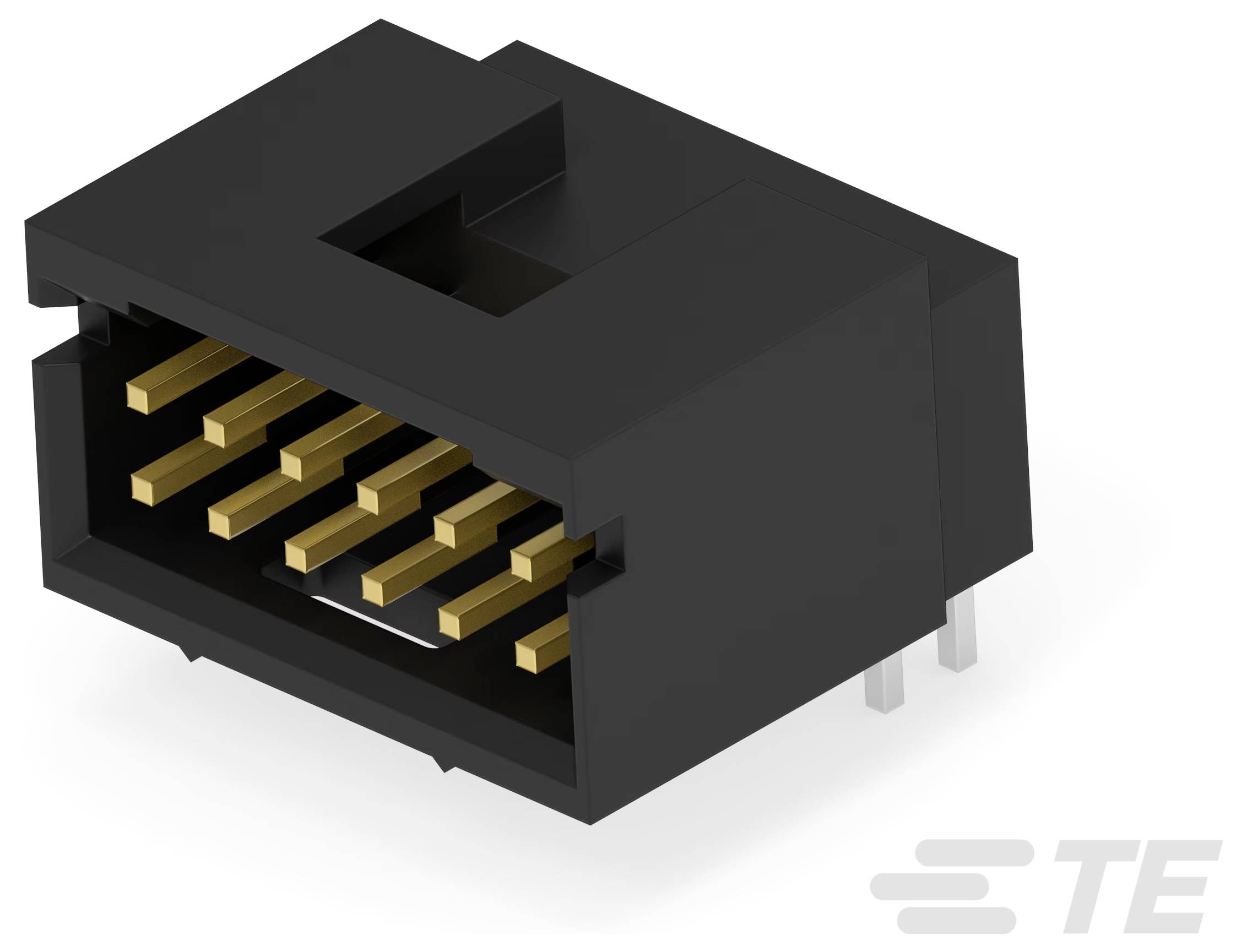 Ein schwarzer rechteckiger Elektrostecker mit mehreren vergoldeten Kontakten und TE-Branding.