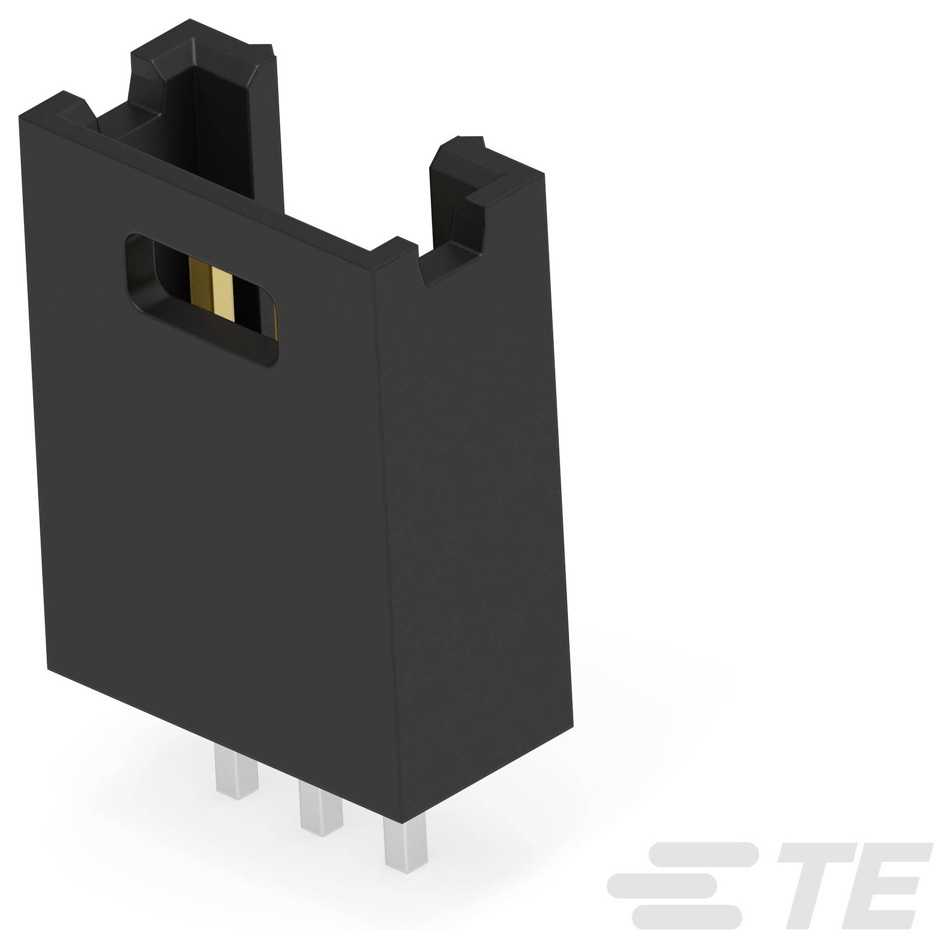 Ein 3-polige Jumper für SHUNT-Stiftleisten mit 2,54 mm Abstand, mit schwarzem Gehäuse und drei silberfarbenen Steckkontakten.
