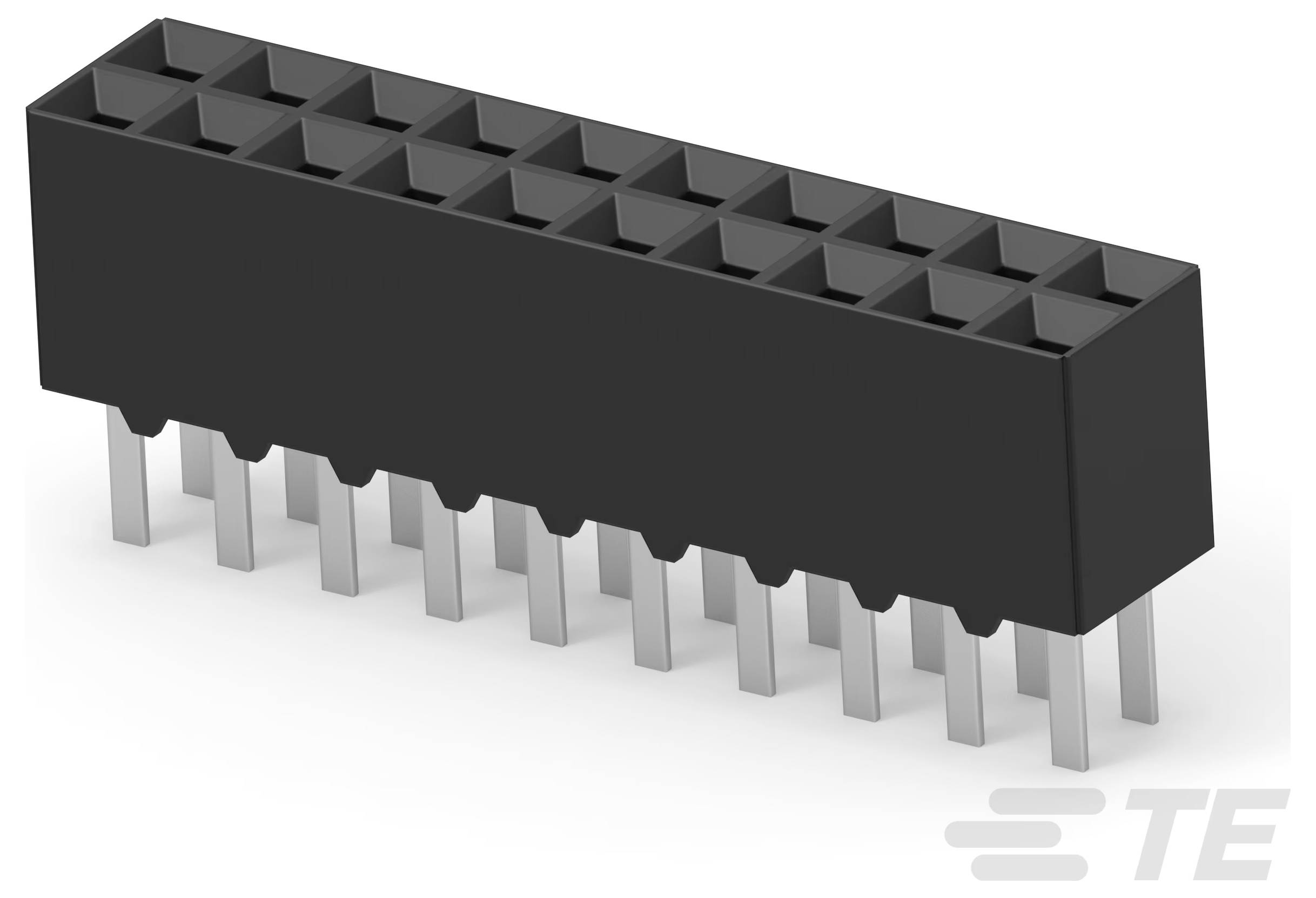 Ein 20-poliger schwarzer rechteckiger elektronischer Stecker mit metallischen Kontakten, der üblicherweise zum Verbinden von Leiterplatten in elektronischen Geräten verwendet wird.