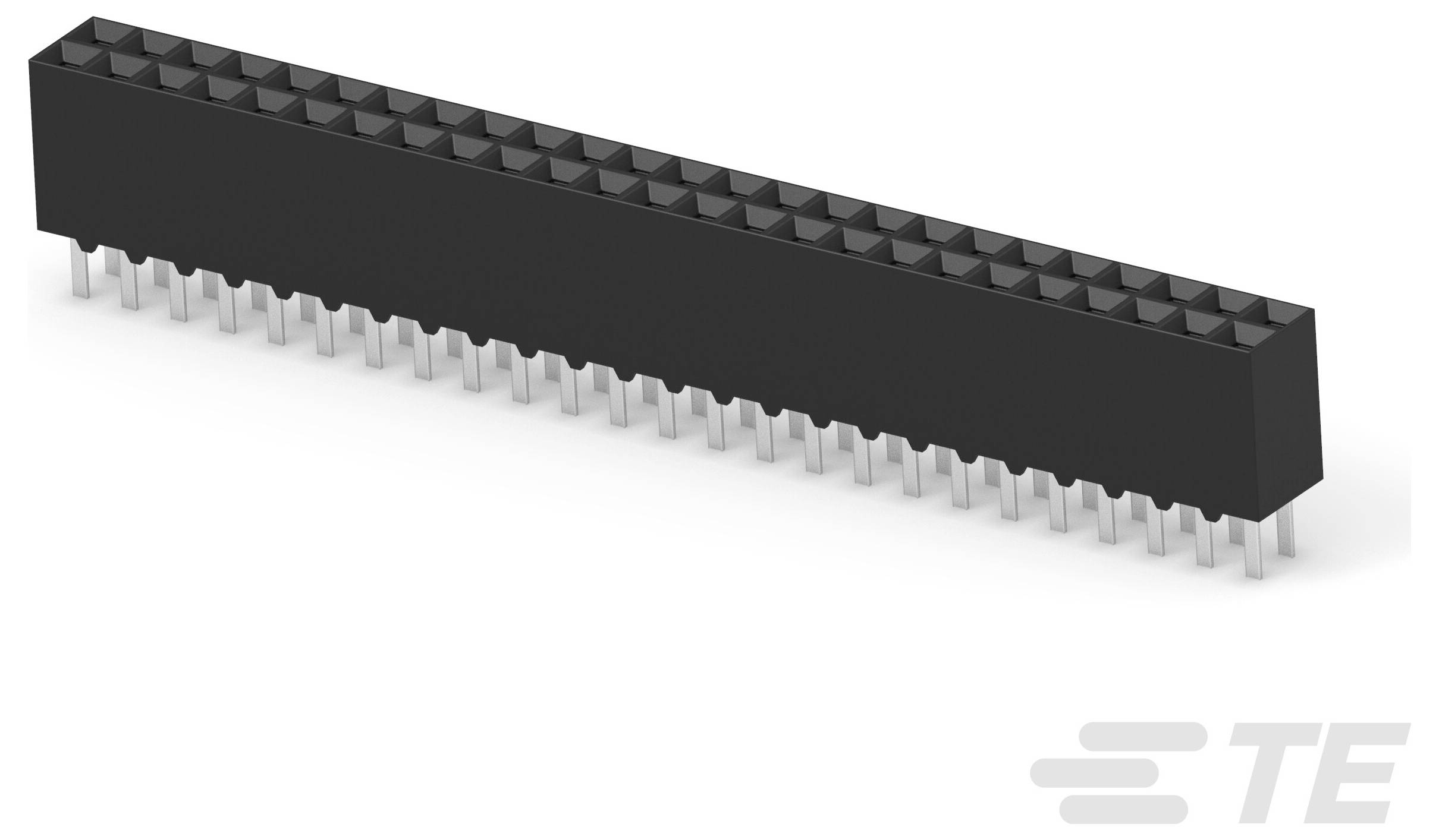 Ein schwarzer rechteckiger elektronischer Stecker mit mehreren Metallstiften, dargestellt mit dem TE Connectivity-Logo in der unteren rechten Ecke.