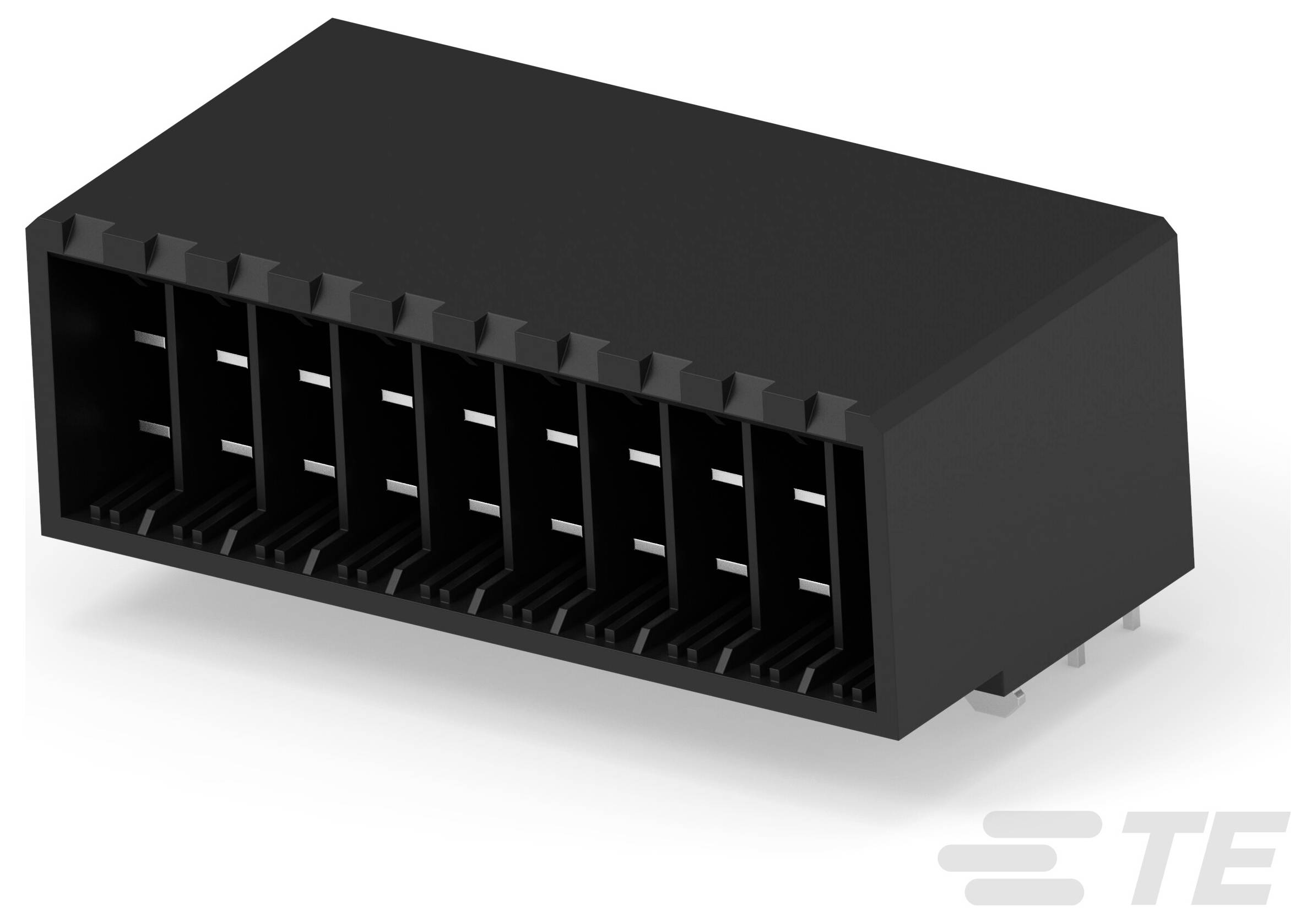 TE Connectivity's rechteckiger Kunststoffverbinder, schwarz, mit mehreren Schlitzen für elektronische Verbindungen, konstruiert für die Montage auf der Leiterplatte.