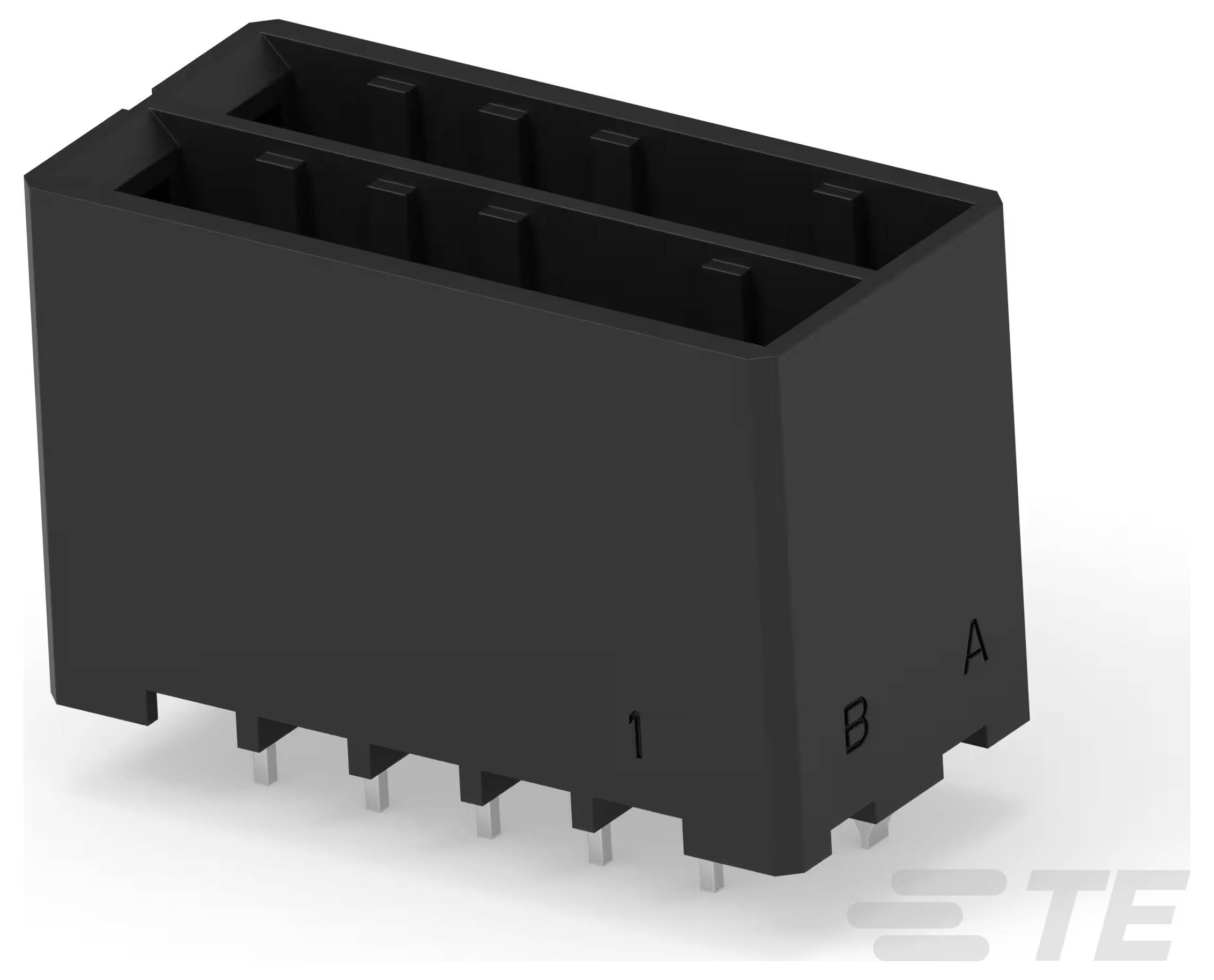 Ein schwarzer, rechteckiger Elektrostecker mit mehreren Metallkontakten, beschriftet mit „1