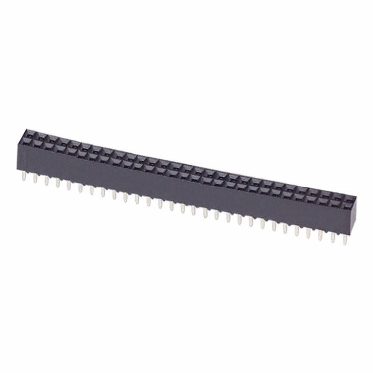 Ein langer, schwarzer Dual-Row-40-Pin-Stecker mit Metallstiften, die von unten herausragen, wird für elektrische Komponenten auf Leiterplatten verwendet.