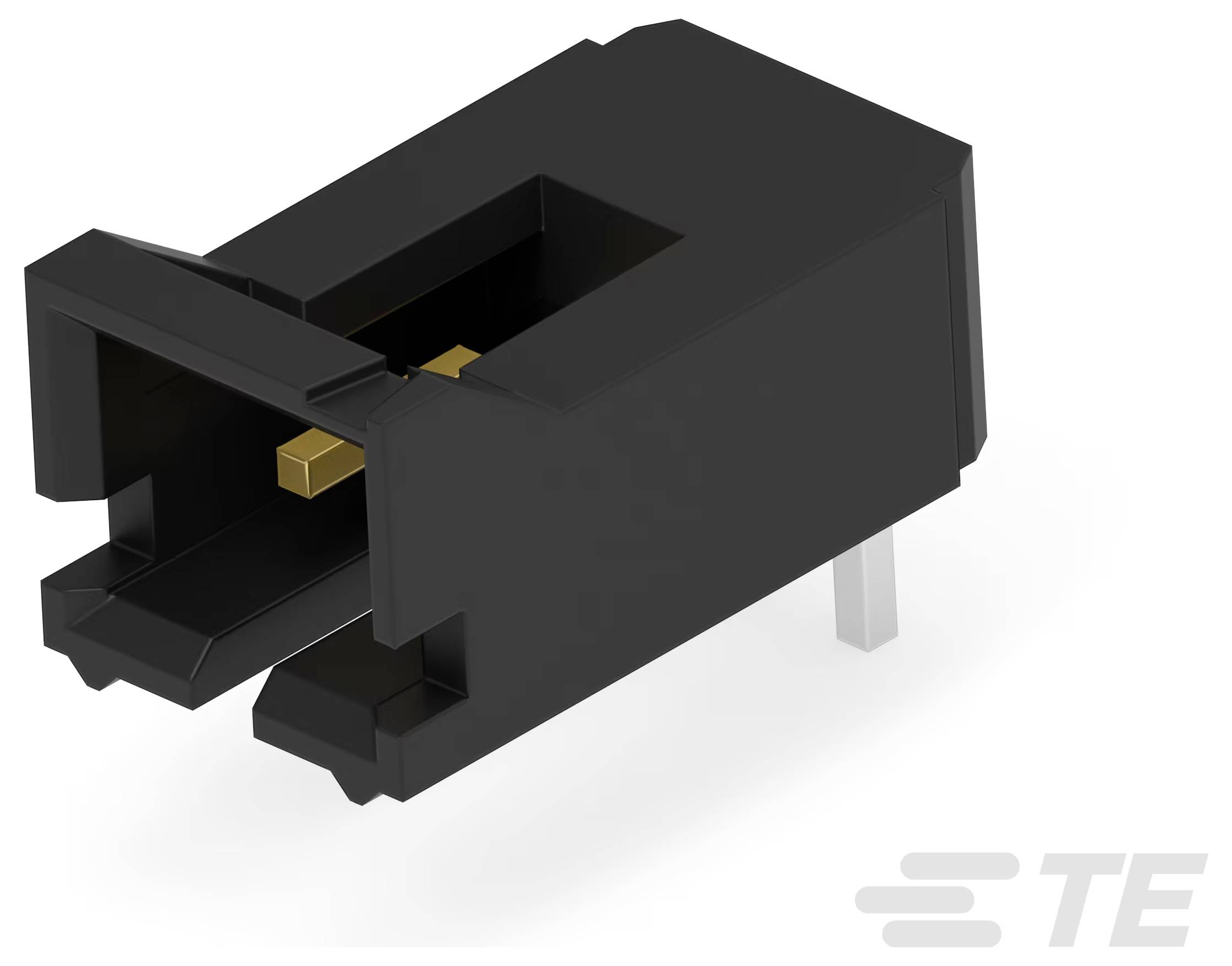 Ein schwarzer rechtwinkliger Leiterplattenverbinder mit zwei vergoldeten Kontakten und einer Befestigungsstift, der für Elektronikschaltplattenverbindungen verwendet wird.