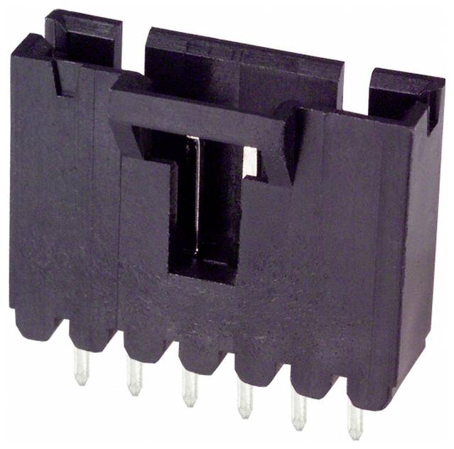 Ein schwarzer sechspoliger Stecker mit Stiften und rechteckiger Form, der für elektronische Verbindungen verwendet wird und Metallstifte an der Unterseite aufweist.