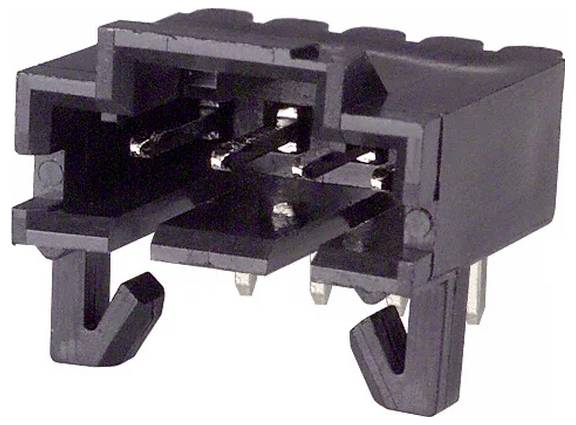 Ein rechteckiger schwarzer Kunststoffstecker für elektronische Geräte mit mehreren Metallstiften und Befestigungsklammern zur sicheren Befestigung auf einer Leiterplatte.