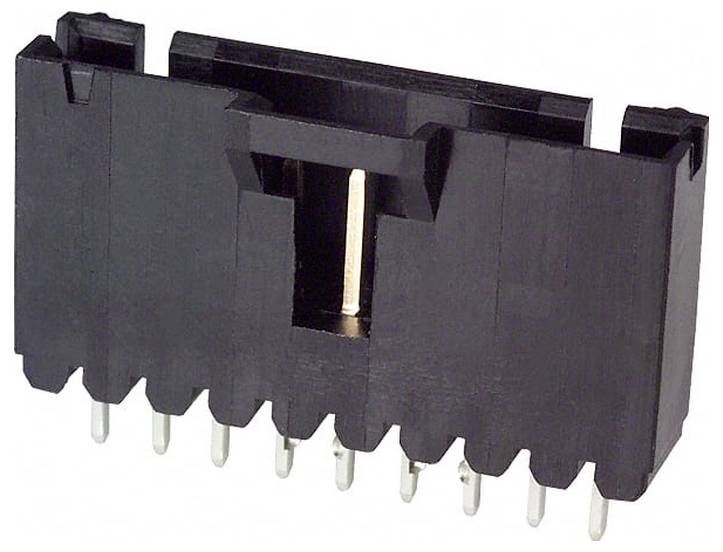 Ein schwarzer Kunststoff-Elektrostecker mit mehreren Metallstiften und einer rechteckigen Öffnung in der Mitte.