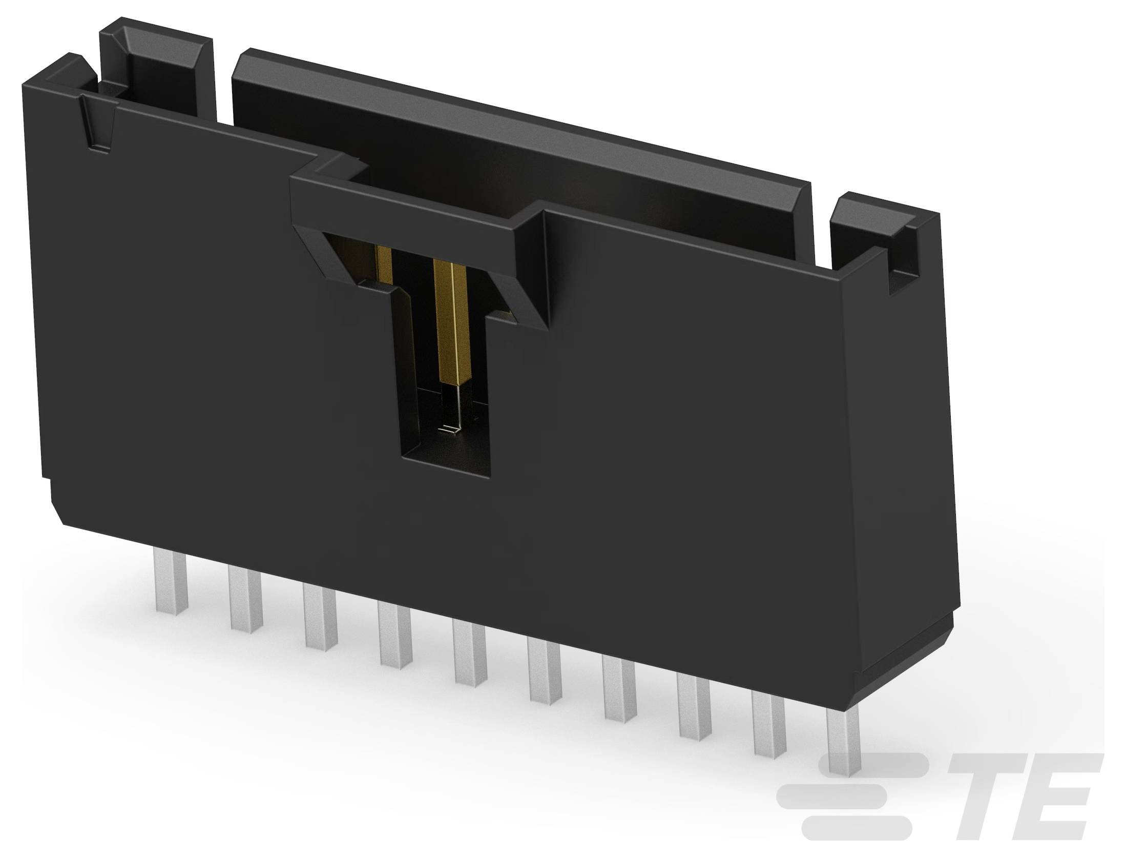 Ein schwarzer, rechteckiger elektronischer Stecker mit mehreren Metallstiften, die sich an der Unterseite hervorwölben, wird für Schaltkreisplatinen-Schnittstellen verwendet.