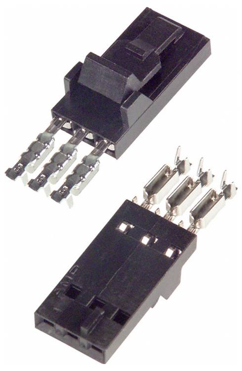 Zwei schwarze dreipolige Elektrostecker mit Metallkontakten, einer ist ein Stecker und der andere ist eine Buchse, beide zeigen in entgegengesetzte Richtungen.