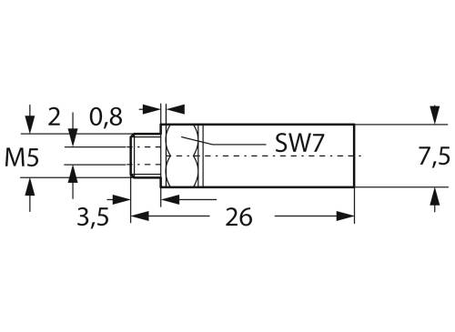 Technische Zeichnung eines Zylinders, Maße: Länge 26 mm, Durchmesser SW7, Gewinde M5, weitere Maße 2 mm, 0,8 mm, 3,5 mm, 7,5 mm.