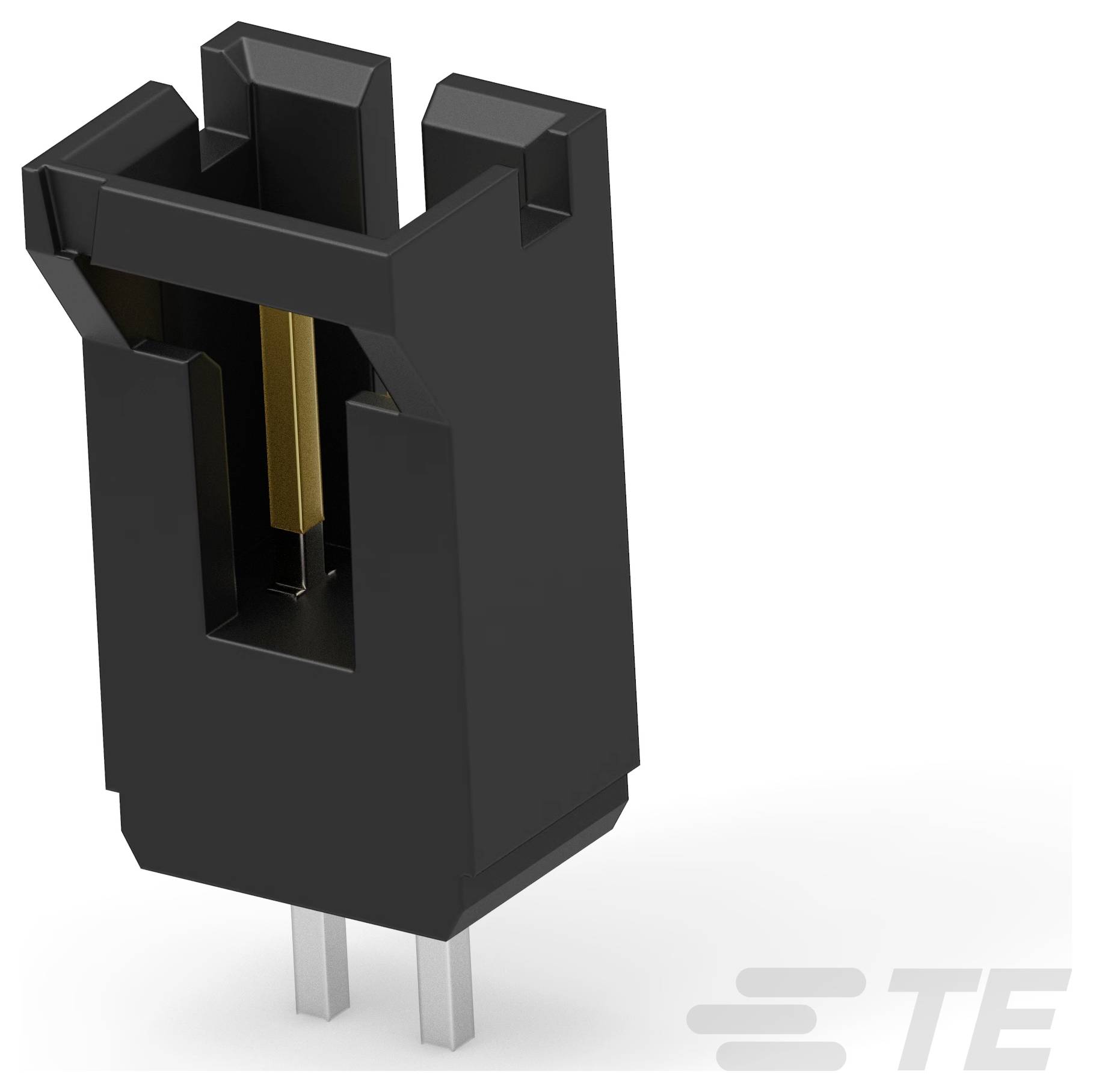 Ein vertikaler Header-Stecker mit 3,96 mm Mittenlinienabstand und zwei Stiften von TE Connectivity mit schwarzem rechteckigem Gehäuse.