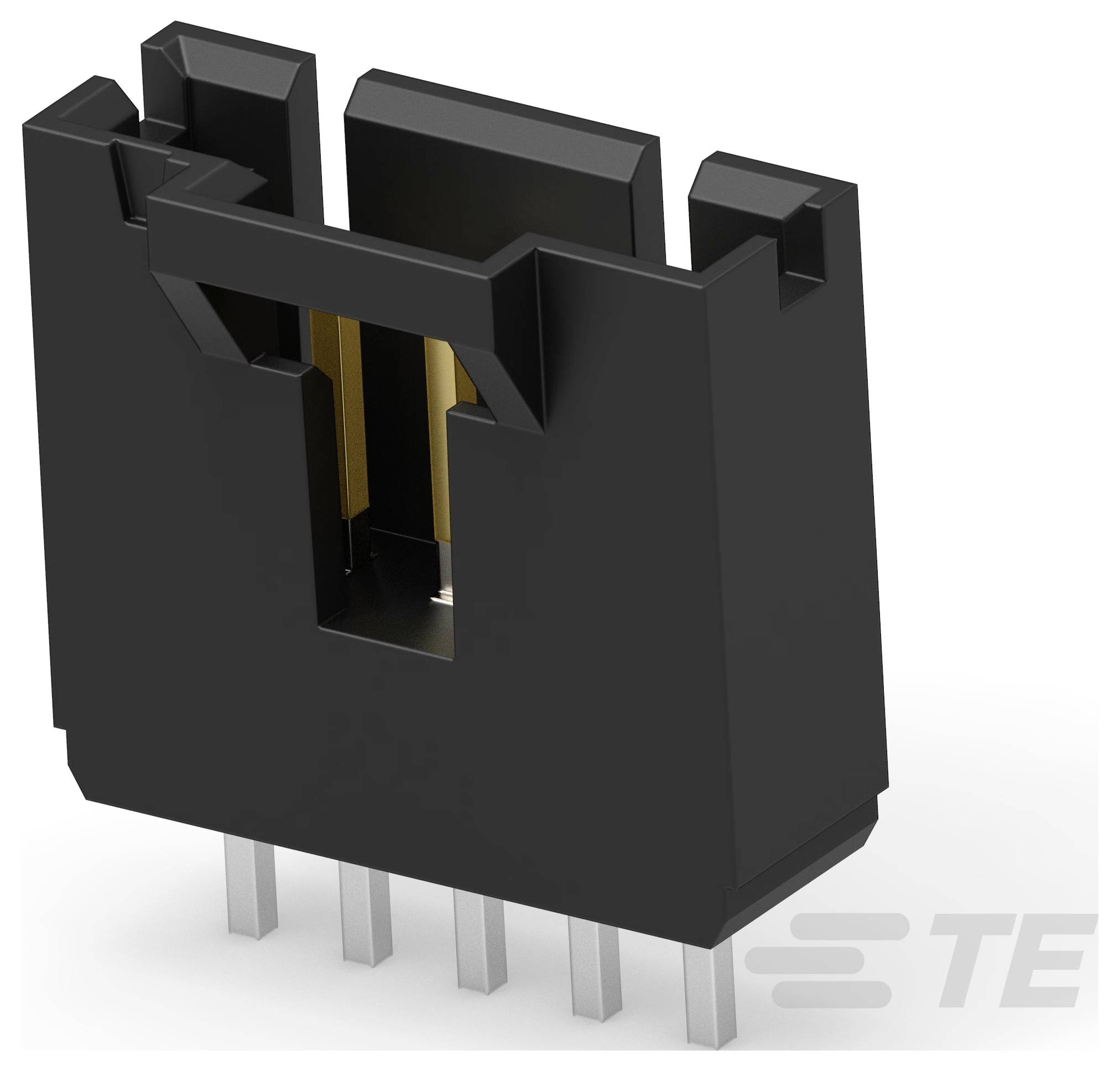 Ein schwarzer, vertikaler Leiterplattenstecker mit sechs Metallstiften erstreckt sich nach unten. Das Logo 