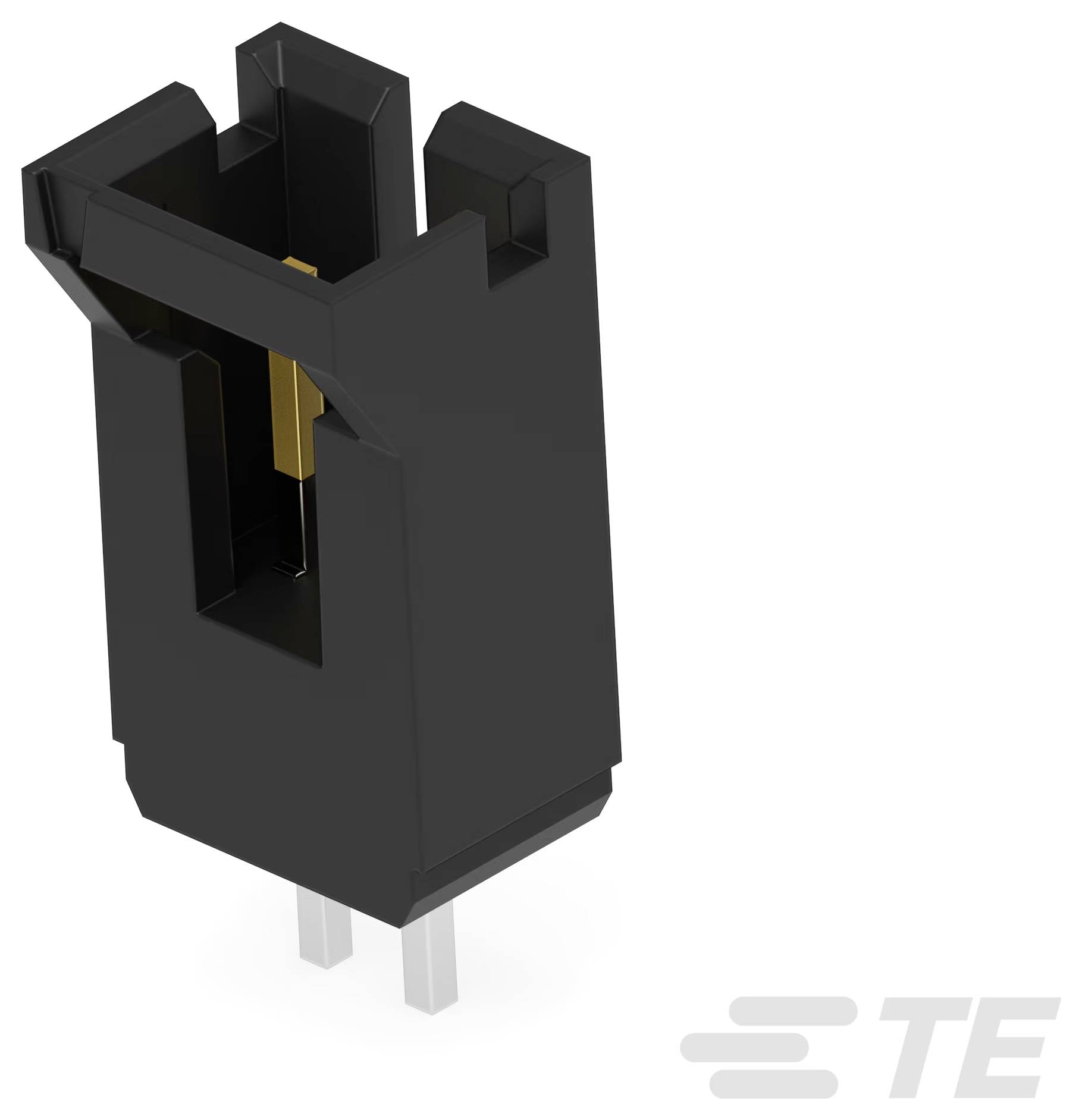 Eine schwarze elektronische Komponente mit zwei Metallstiften am unteren Ende und einem Markenlogo „TE