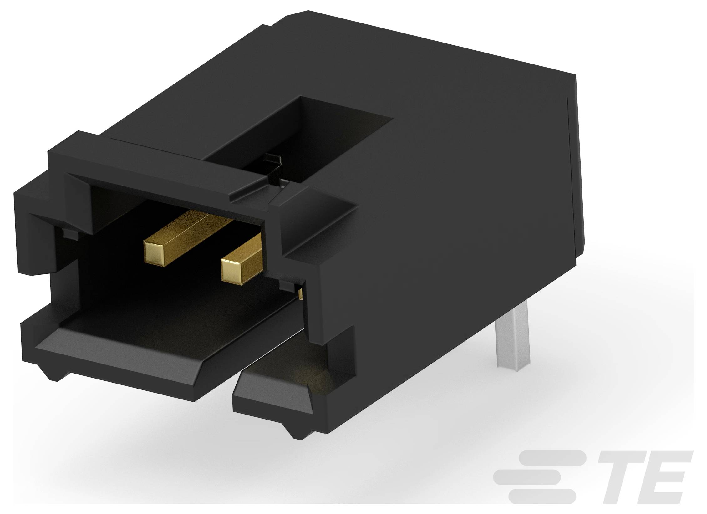 Ein schwarzer vertikaler Stecker mit fünf Metallstiften, der für elektrische Verbindungen verwendet wird. Das TE-Logo ist unten rechts sichtbar.
