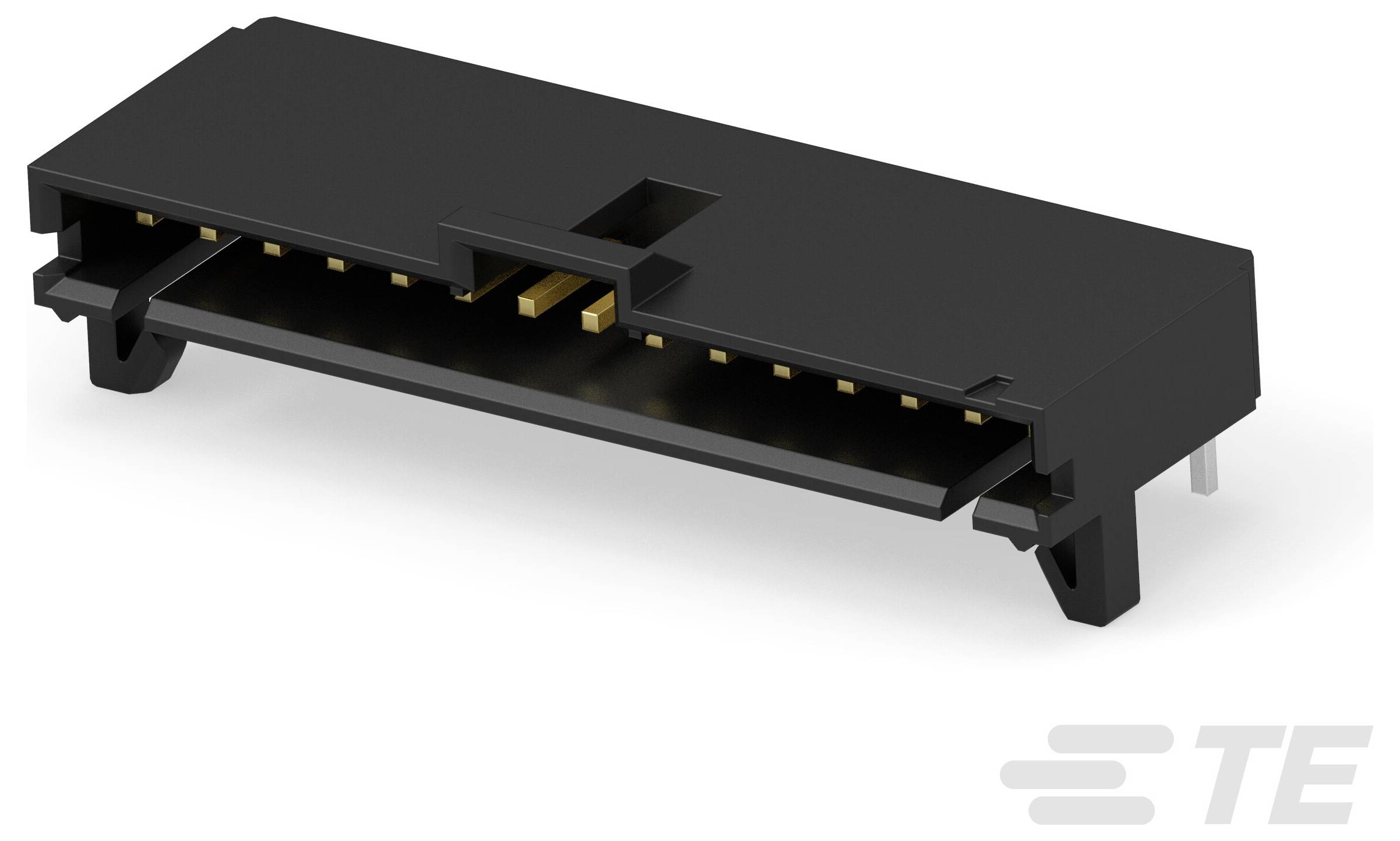 Ein TE Connectivity microSD-Kartenstecker, schwarz mit Goldkontakten, auf weißem Hintergrund.