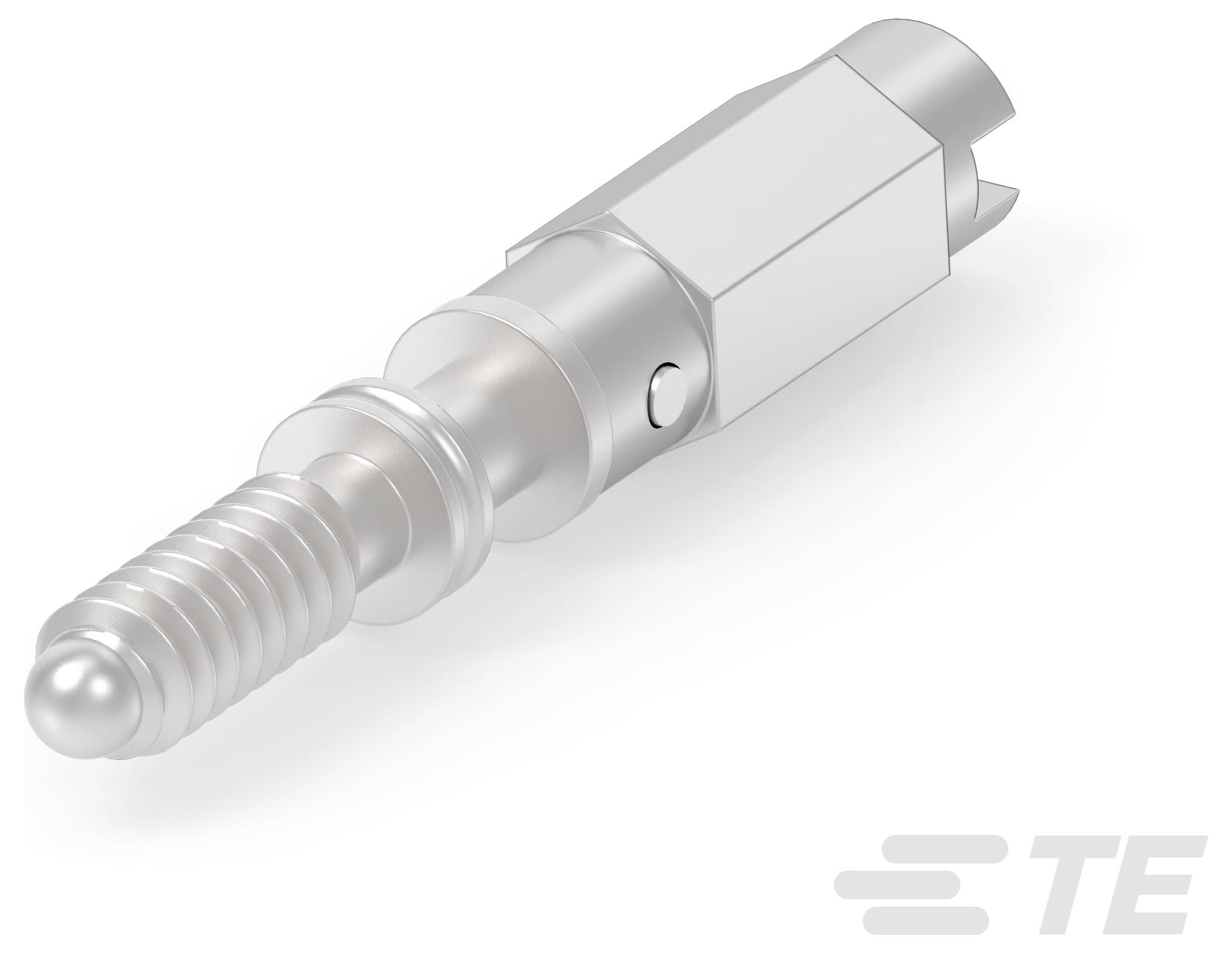 TE Connectivity Stiftkontakt, silberfarben, zylindrisch mit strukturiertem Griffbereich, entwickelt für sichere elektrische Verbindungen.