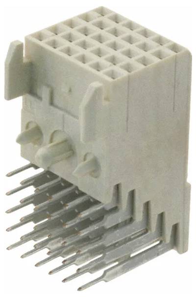 Ein Steckerleisten-Anschluss mit mehreren Stiften, der für elektronische Verbindungen auf Leiterplatten verwendet wird. Er ist beige und hat eine rechteckige Form.