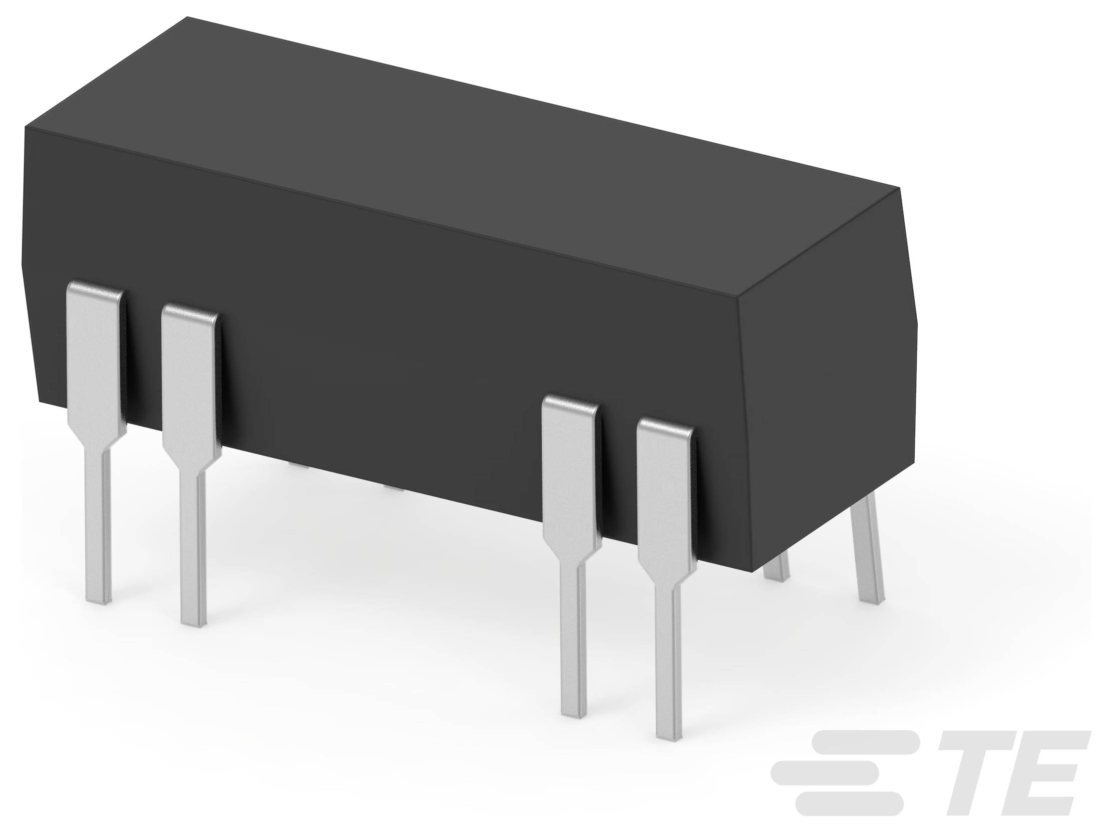 Bild eines schwarzen rechteckigen integrierten Schaltkreises mit je vier metallischen Stiften auf jeder Seite, die für elektrische Verbindungen verwendet werden.