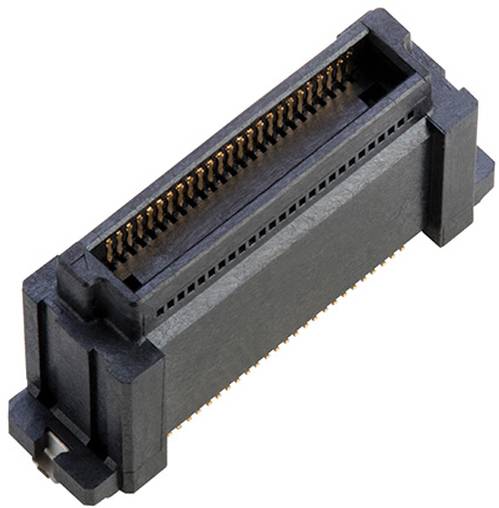 Ein schwarzer elektronischer Steckverbinder mit mehreren sichtbaren Goldstiften, entwickelt für die Verbindung von Komponenten in elektronischen Geräten.