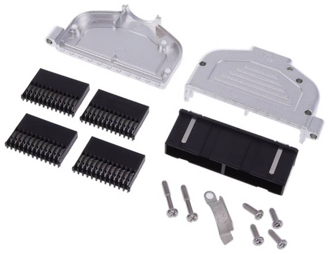 „Ein D-Sub-Steckverbinder-Set mit zwei Metallabdeckungen, vier schwarzen Steckverbindern, einer schwarzen Kunststoffkomponente und sieben Schrauben und Zubehör.