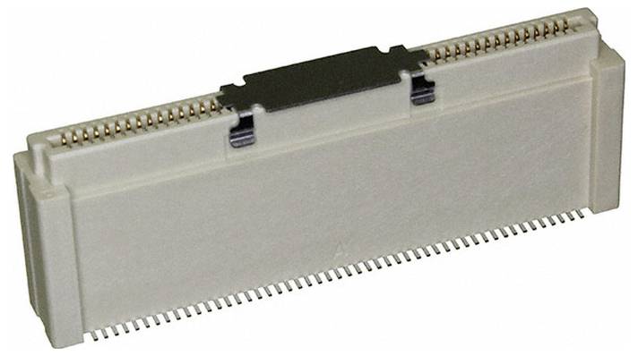 Ein rechteckiger, weißer Elektrostecker mit mehreren Metallstiften, die in einer Reihe angeordnet sind, wahrscheinlich zur Verwendung für Leiterplattensteckverbindungen.