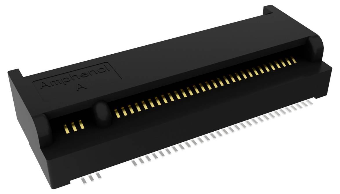 Ein schwarzer elektronischer Amphenol-Stecker mit Goldkontakten und Befestigungsstiften an den Seiten.