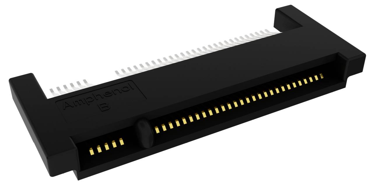 Weißer elektronischer Stecker mit mehreren Metallstiften, zum Einbau auf eine Leiterplatte ausgelegt, mit Markenlogo auf der Seite.