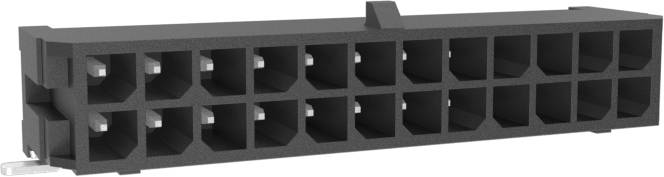 Ein schwarzer rechteckiger Stecker mit mehreren offenen Steckplätzen, die in zwei Reihen angeordnet sind.