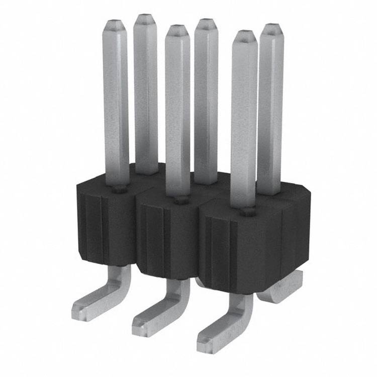 Eine schwarze und silberne elektrische Komponente mit fünf vertikalen Metallstiften und drei gebogenen Metallbeinen zum Anschluss an einen Stromkreis.